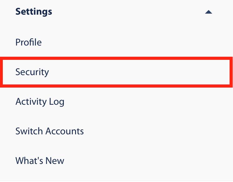 User setting screen, security tab
