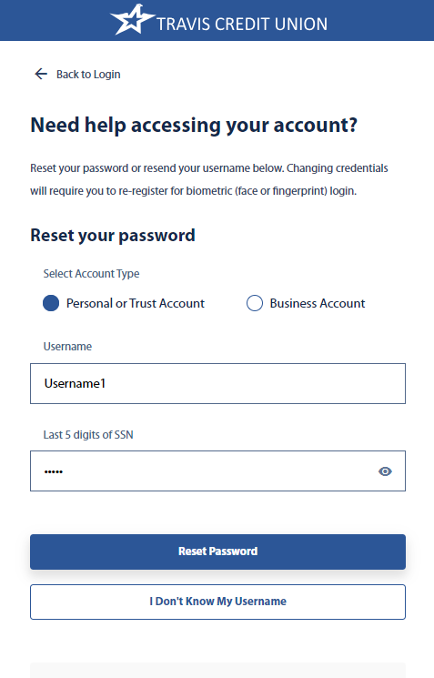 Reset your password screen, mobile view, DB Hub, Travis CU,