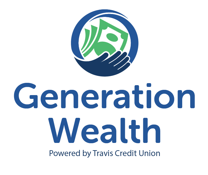 Generation Wealth logo, center view, powered by Travis Credit Union