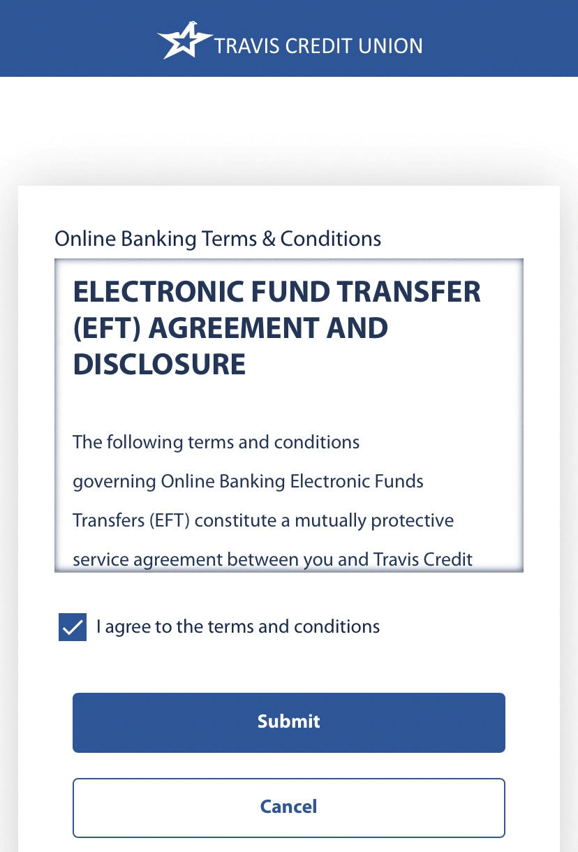 TCU Agreements and Disclosures screen