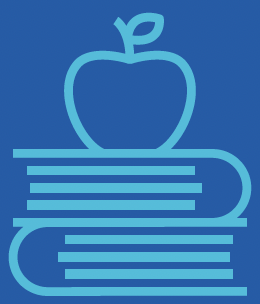 icon, line art shape of apple stacked on two books, teacher grant